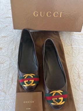 Gucci Brown Leather Ballet Flats with Green-Red Web and Gold Double G